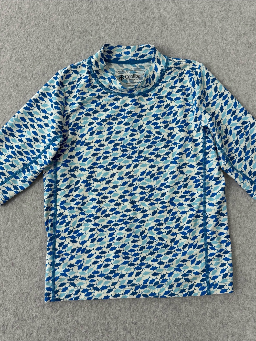 Coolibar Boys Medium Rash Guard Swim Shirt Blue Fish UPF 50 Sandshark Short Slv